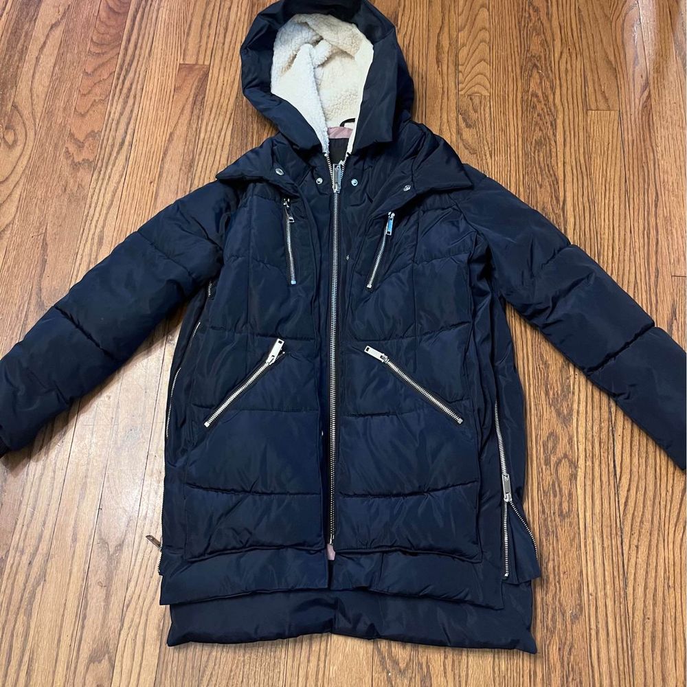 Halifax Womens Oversized Hooded Fleece-Lined Puffer Coat XS Navy Blue